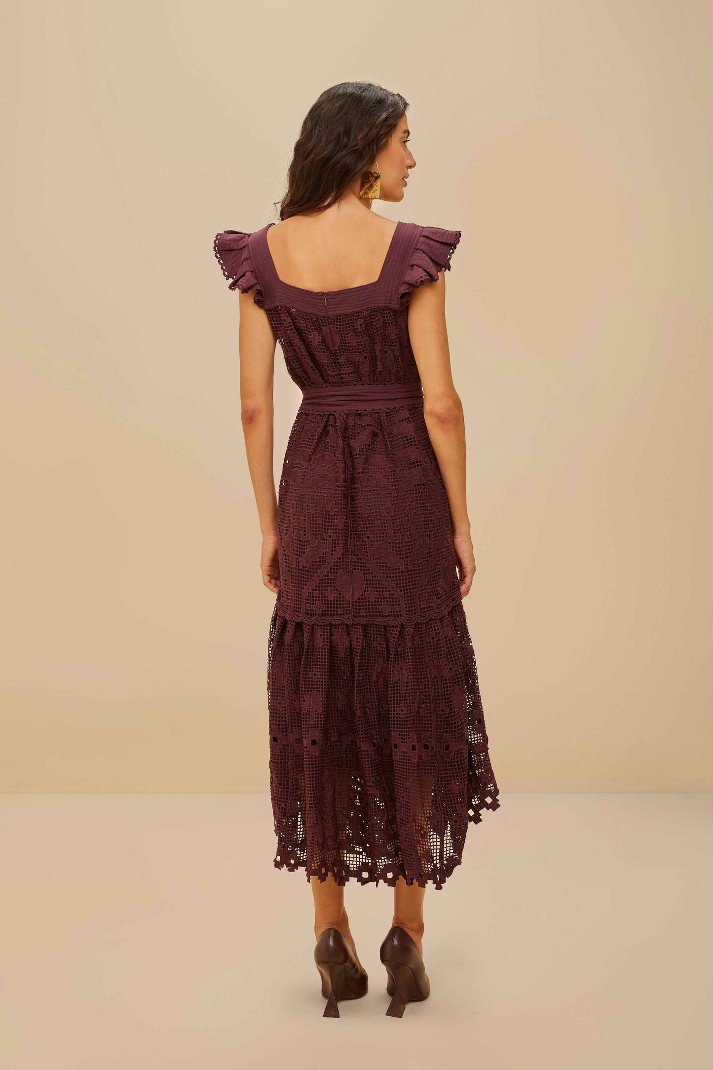 FARM Rio Brown Pineapple Guipure Midi Dress