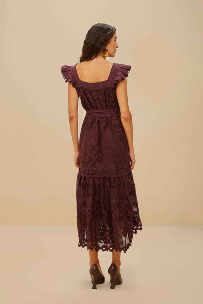 FARM Rio Brown Pineapple Guipure Midi Dress