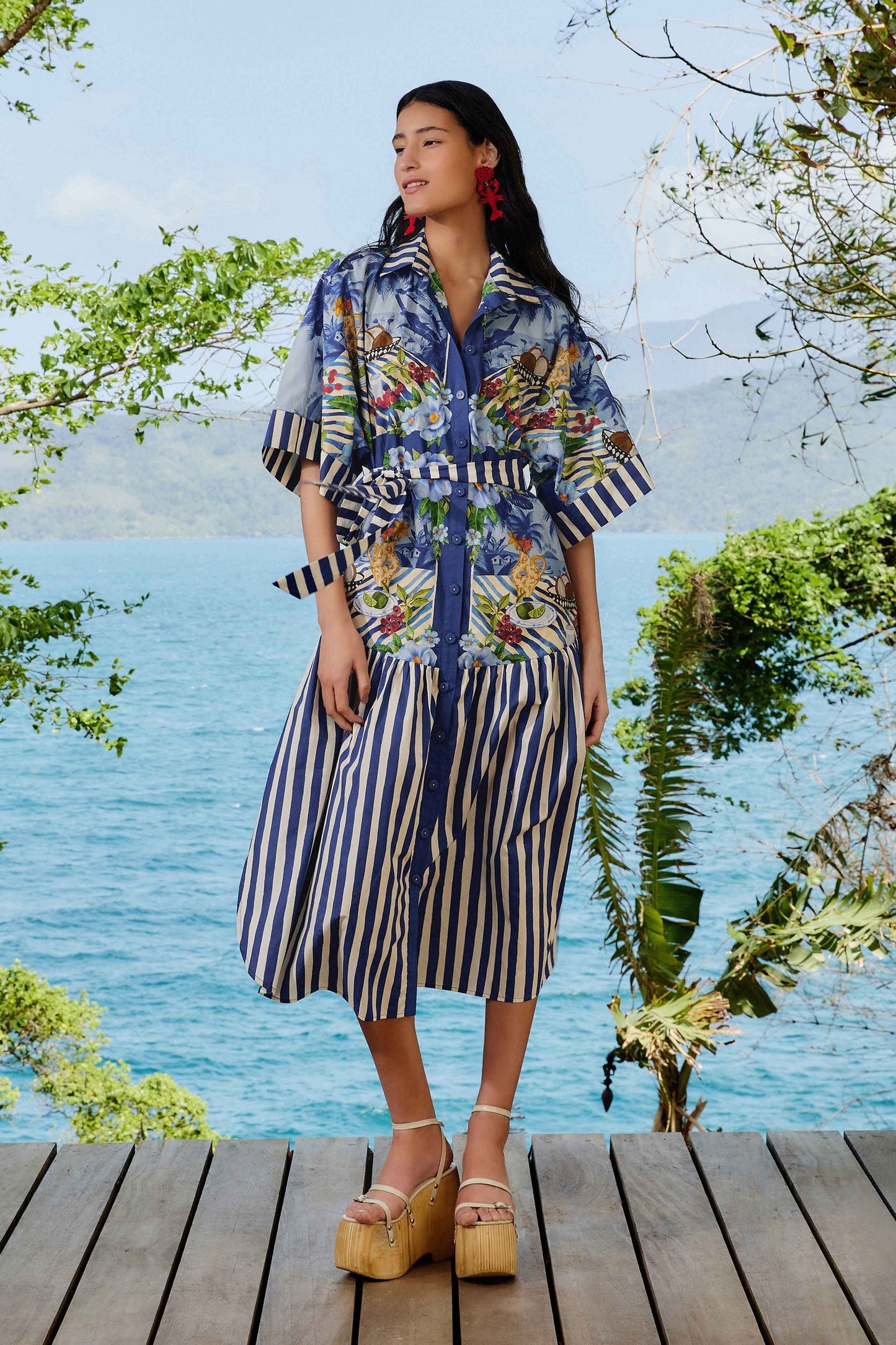FARM Rio Blue Fresh Table Scarf Organic Cotton Midi Dress