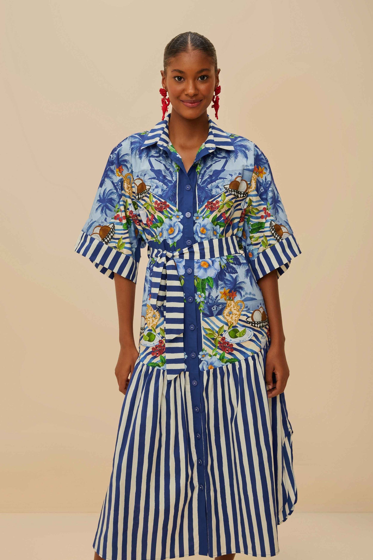 FARM Rio Blue Fresh Table Scarf Organic Cotton Midi Dress
