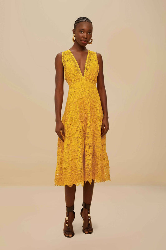 FARM Rio Landscape Guipure Mustard Yellow Midi Dress