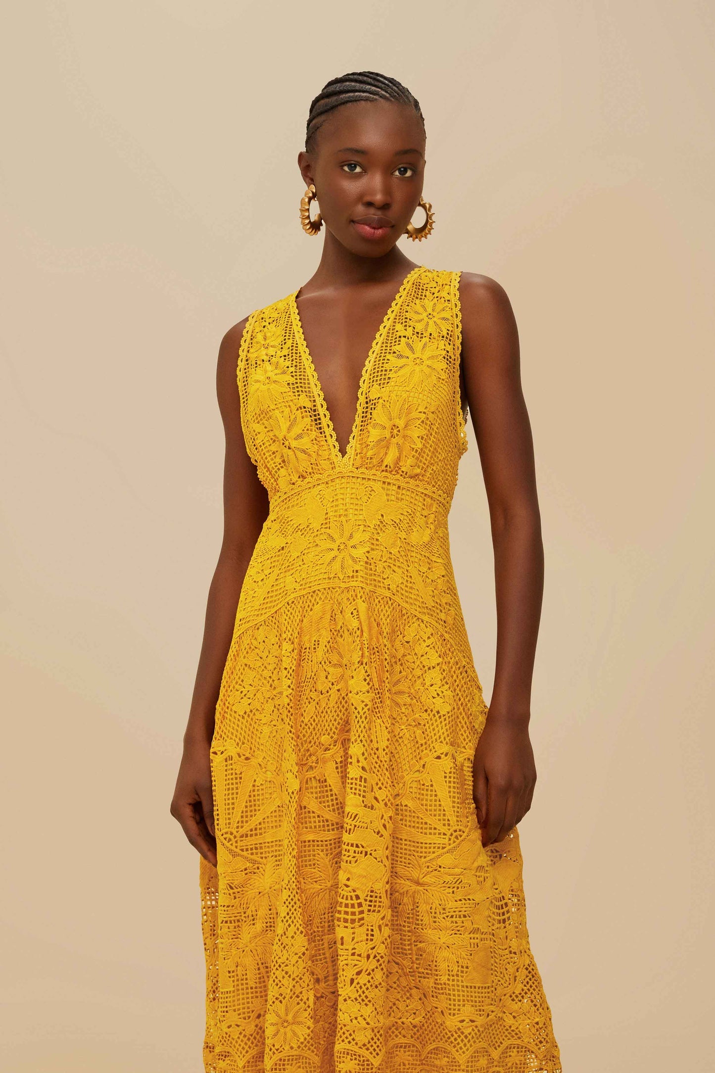 FARM Rio Landscape Guipure Mustard Yellow Midi Dress