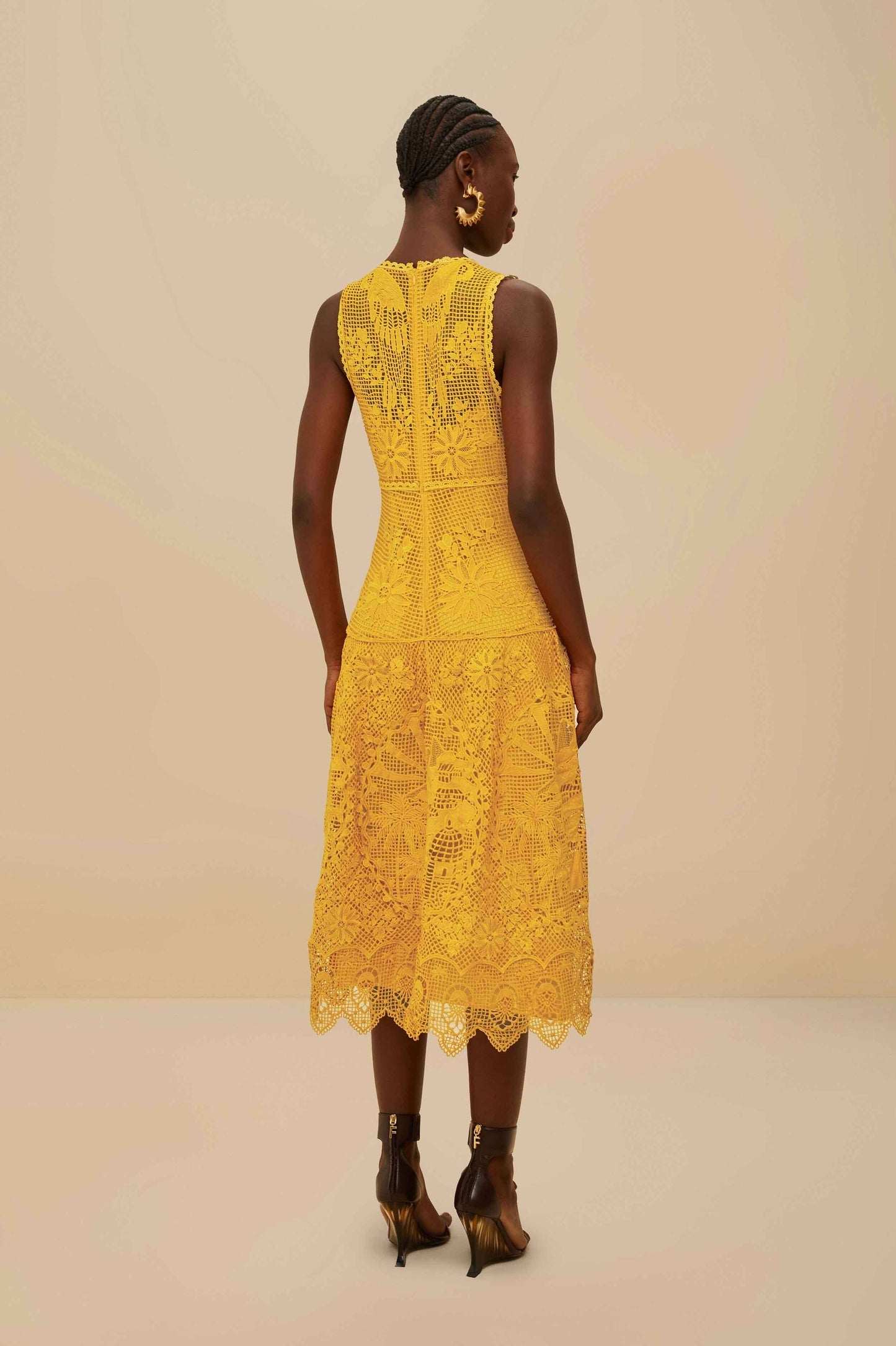 FARM Rio Landscape Guipure Mustard Yellow Midi Dress