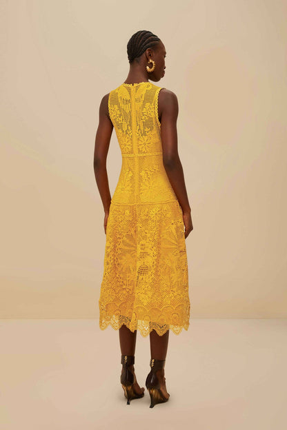 FARM Rio Landscape Guipure Mustard Yellow Midi Dress