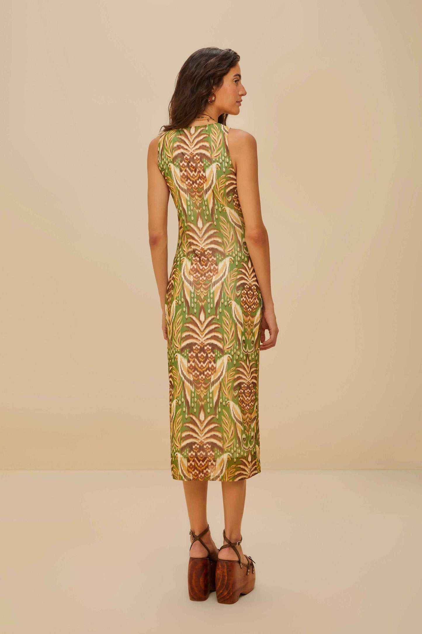 FARM Rio Pineapple Tapestry Green Tulle Midi Dress