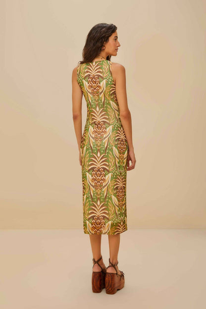FARM Rio Pineapple Tapestry Green Tulle Midi Dress