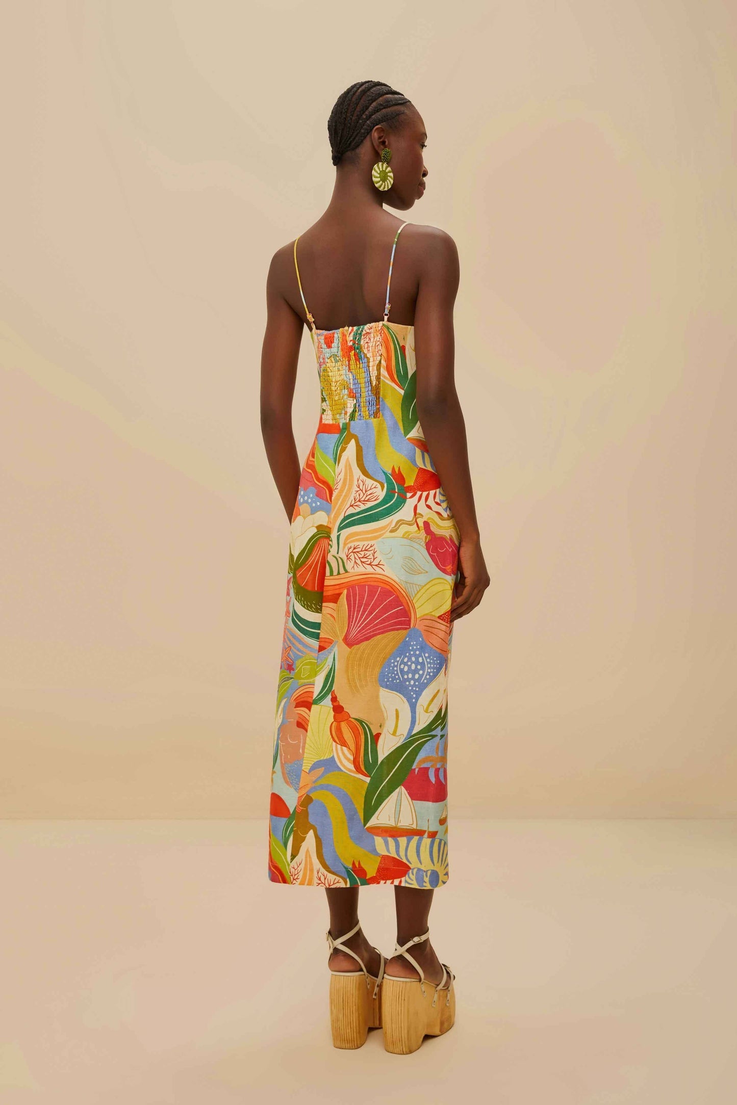FARM Rio Multicolor Ocean View Twisted Cups Euroflax™ Premium Linen Midi Dress