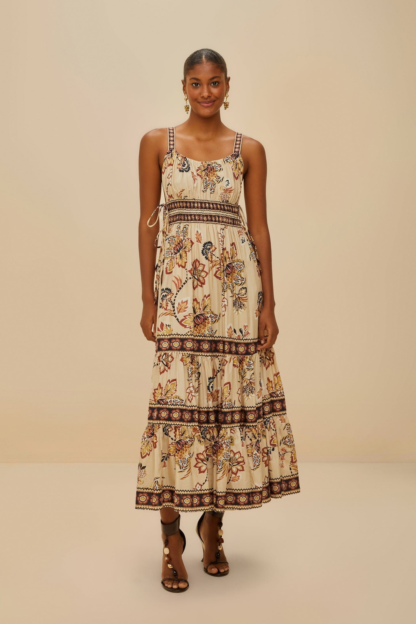 FARM Rio Sand Aura Floral Sleeveless Midi Dress