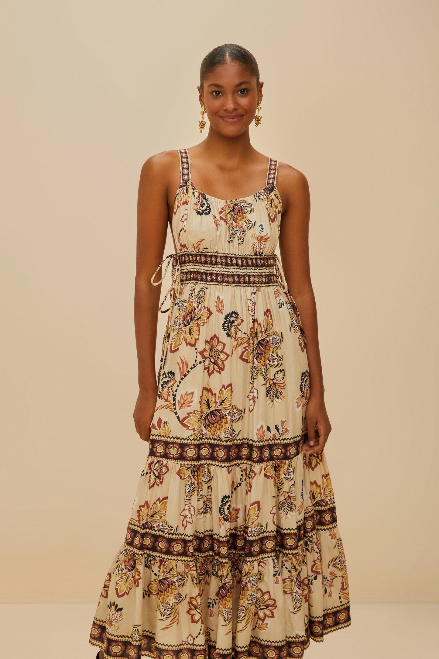 FARM Rio Sand Aura Floral Sleeveless Midi Dress