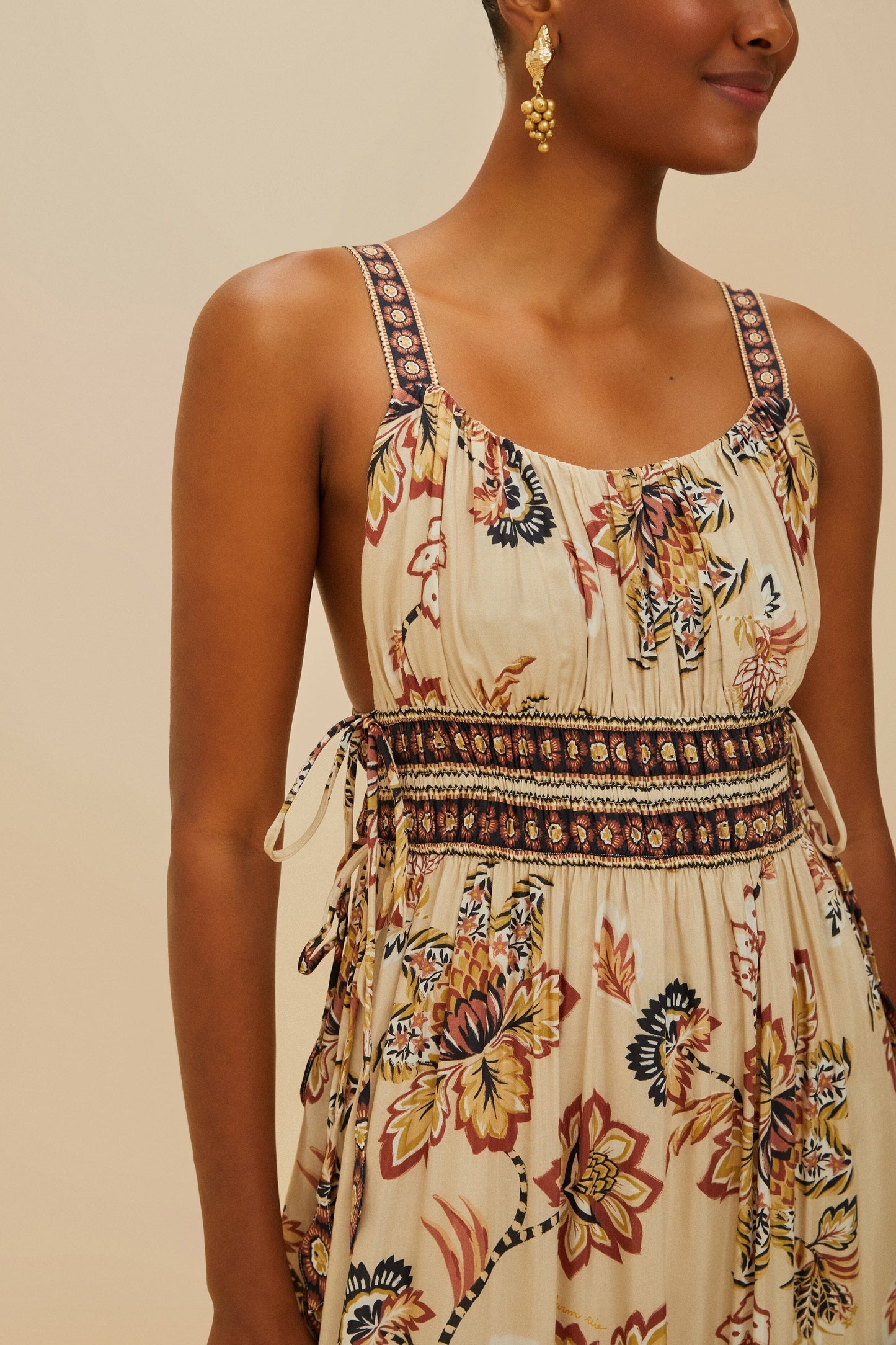 FARM Rio Sand Aura Floral Sleeveless Midi Dress