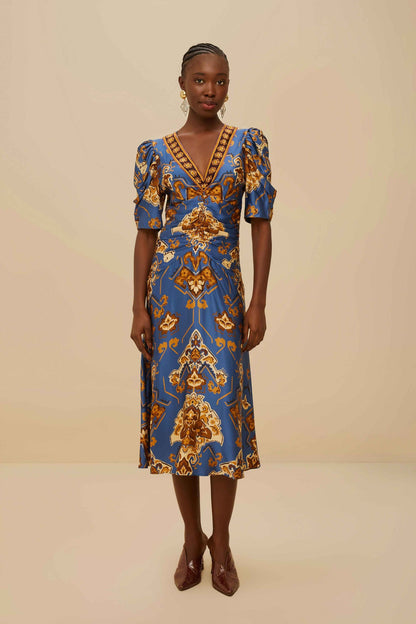 FARM Rio Blue Ornament Floral Midi Dress