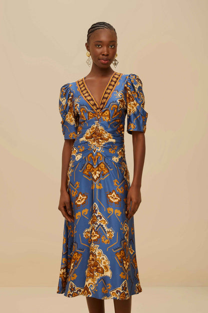 FARM Rio Blue Ornament Floral Midi Dress