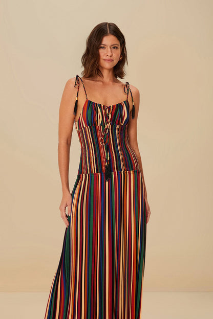 FARM Rio Multicolor Pipa Stripes Midi Dress