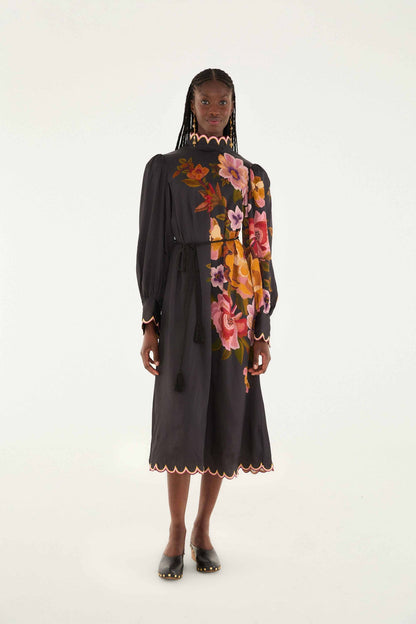 FARM Rio Black Chenille Flowers Lenzing� Ecovero� Viscose Midi Dress | FARM Rio