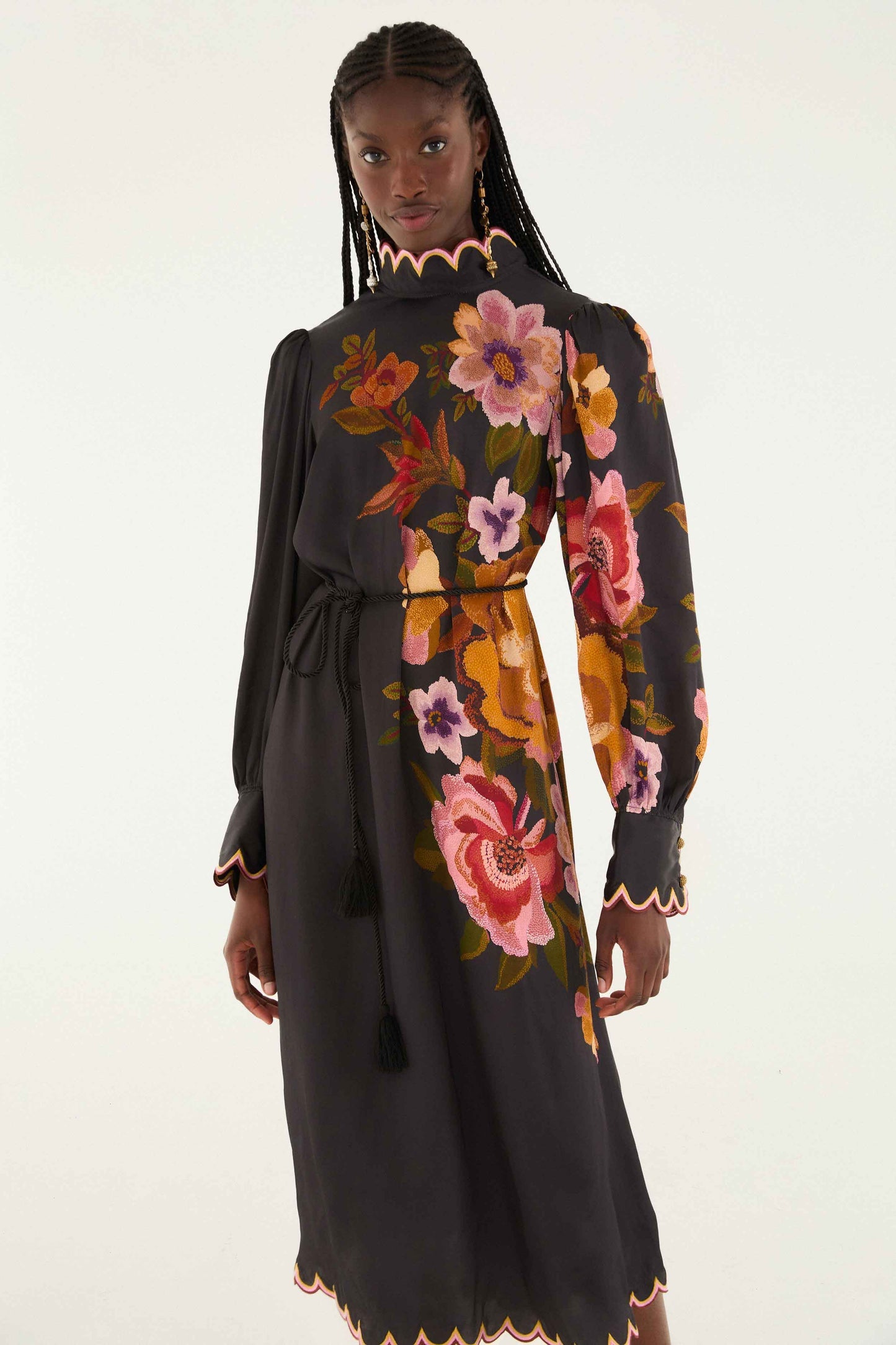 FARM Rio Black Chenille Flowers Lenzing� Ecovero� Viscose Midi Dress | FARM Rio