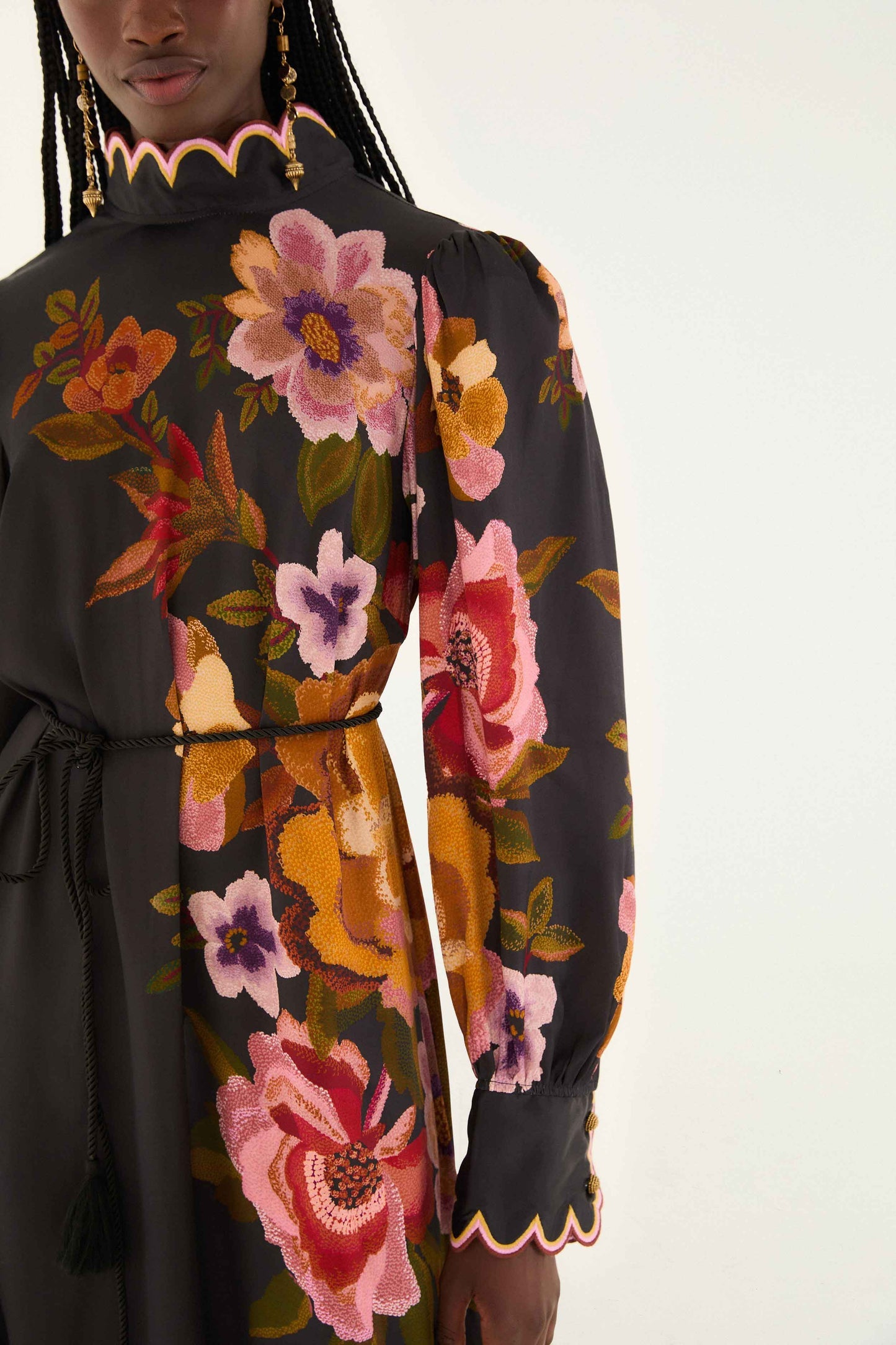 FARM Rio Black Chenille Flowers Lenzing� Ecovero� Viscose Midi Dress | FARM Rio