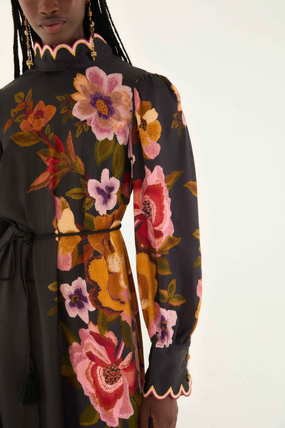 FARM Rio Black Chenille Flowers Lenzing� Ecovero� Viscose Midi Dress | FARM Rio