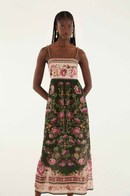 FARM Rio Green Flowering Garden Tree Sleveeless Midi Dress | FARM Rio