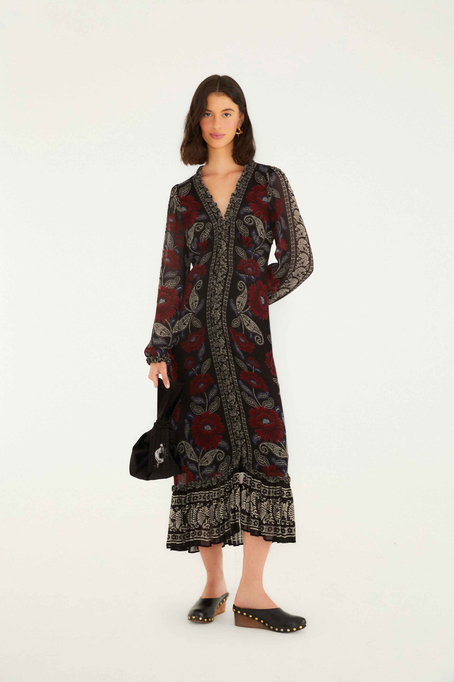 FARM Rio Black Valentina Ruffled Long Sleeve Midi Dress | FARM Rio