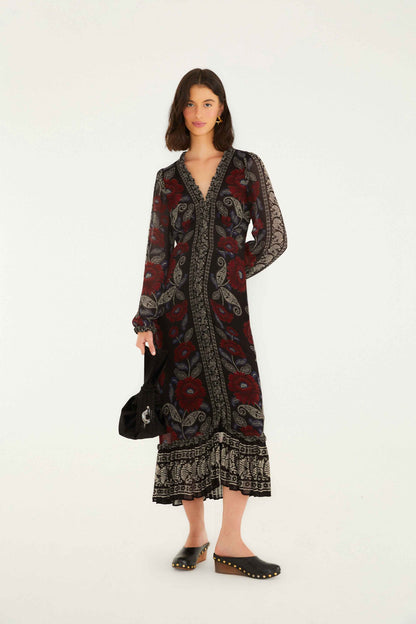 FARM Rio Black Valentina Ruffled Long Sleeve Midi Dress | FARM Rio