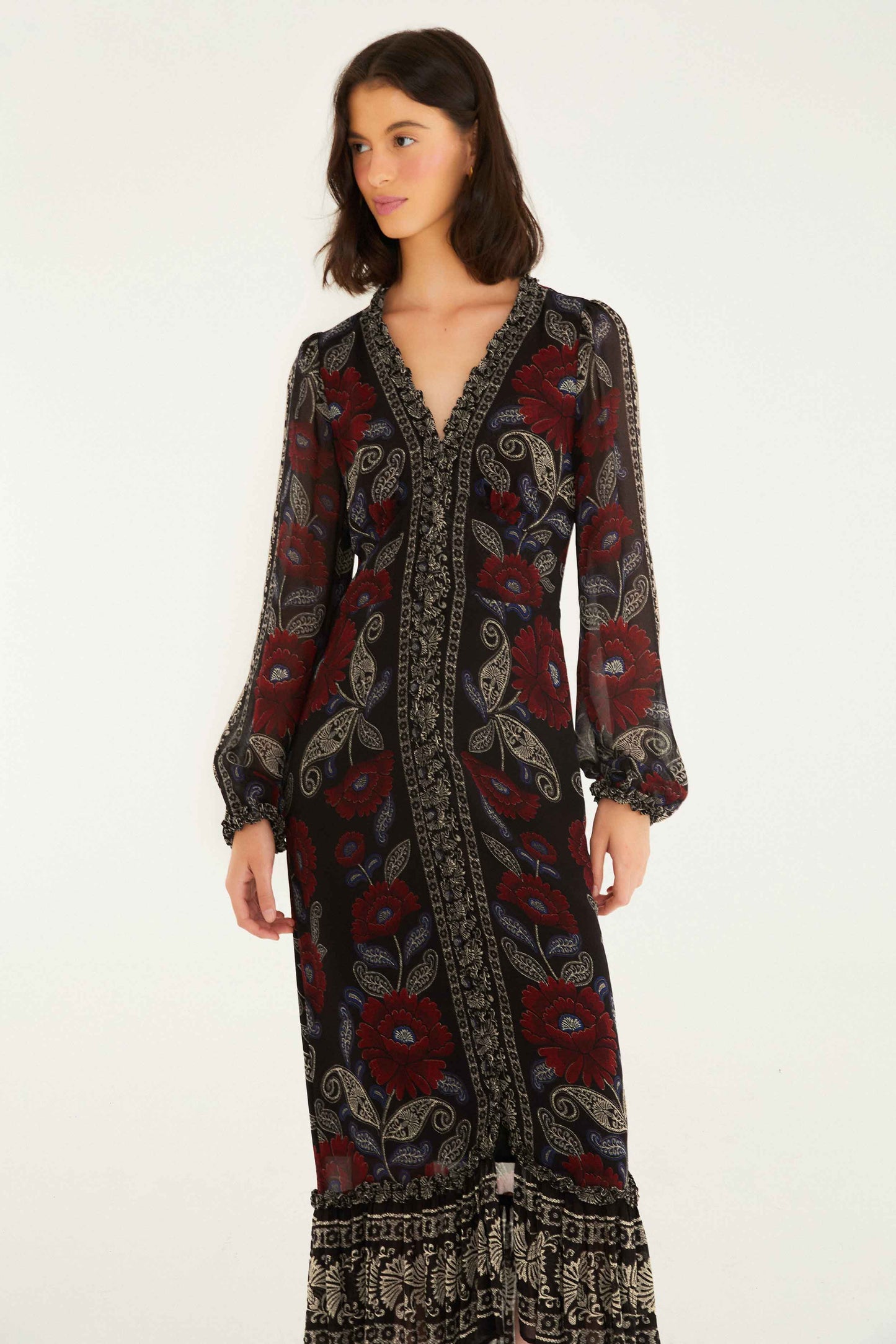 FARM Rio Black Valentina Ruffled Long Sleeve Midi Dress | FARM Rio