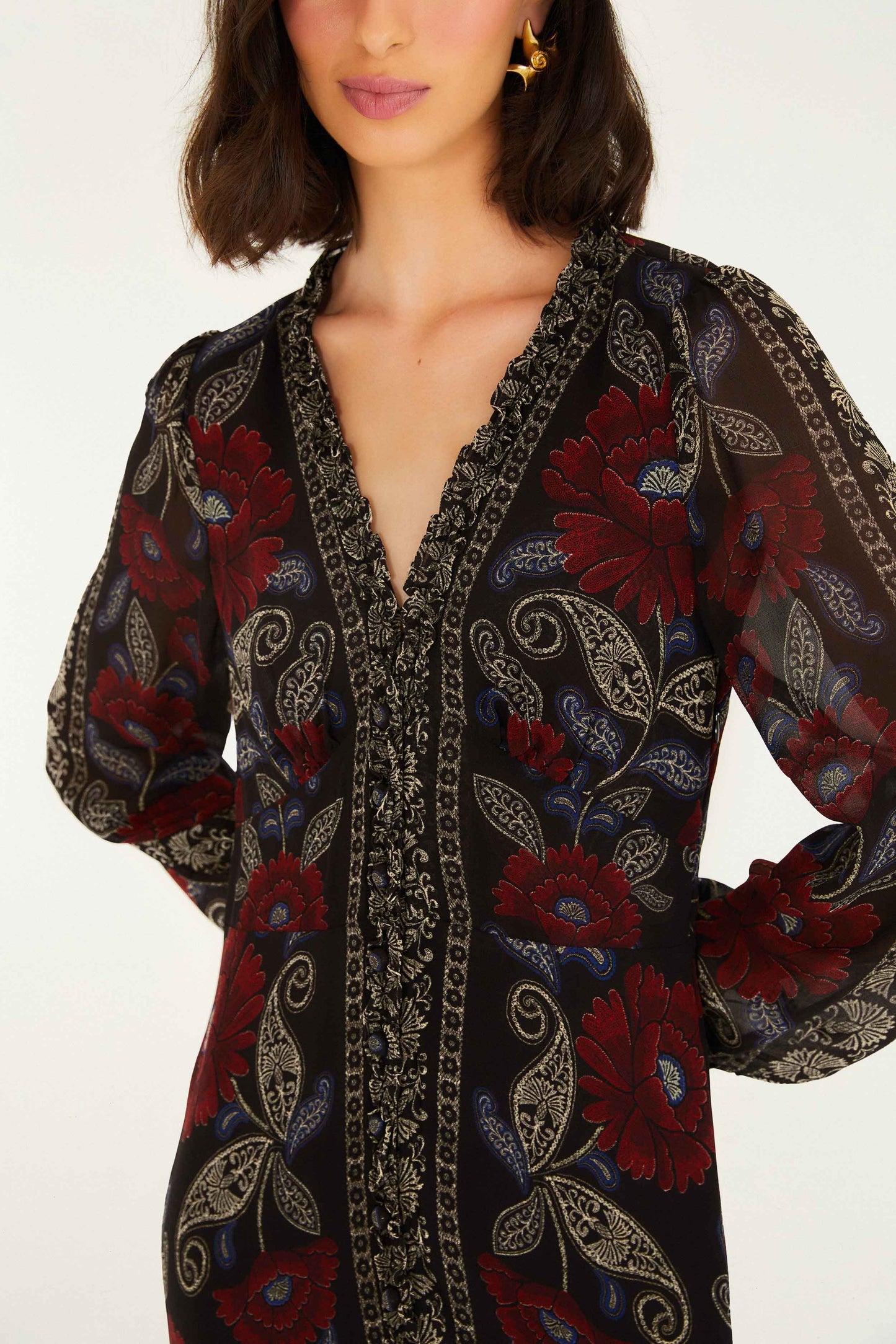FARM Rio Black Valentina Ruffled Long Sleeve Midi Dress | FARM Rio