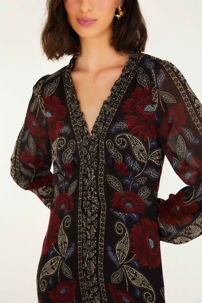 FARM Rio Black Valentina Ruffled Long Sleeve Midi Dress | FARM Rio