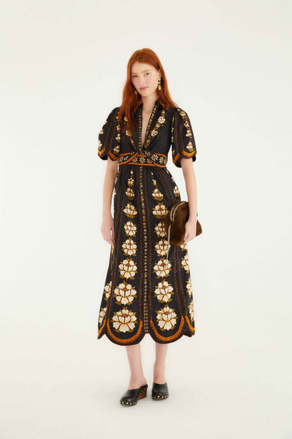 FARM Rio Black Embroidered Flowers Organic Cotton Midi Dress | FARM Rio