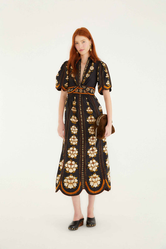 FARM Rio Black Embroidered Flowers Organic Cotton Midi Dress | FARM Rio