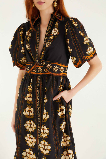 FARM Rio Black Embroidered Flowers Organic Cotton Midi Dress | FARM Rio