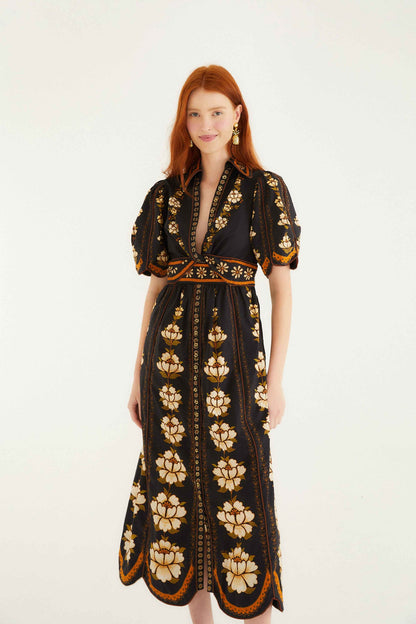 FARM Rio Black Embroidered Flowers Organic Cotton Midi Dress | FARM Rio