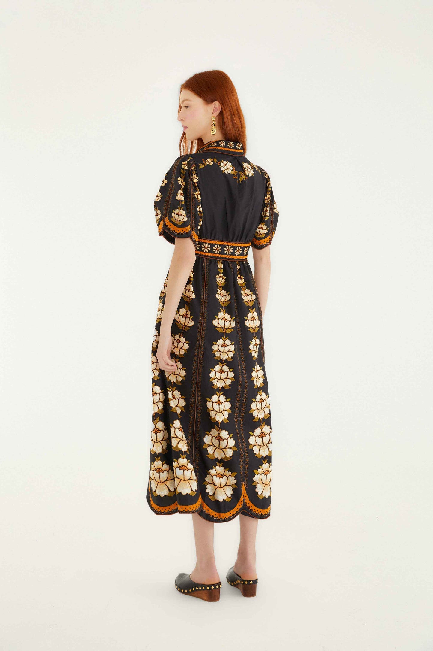 FARM Rio Black Embroidered Flowers Organic Cotton Midi Dress | FARM Rio