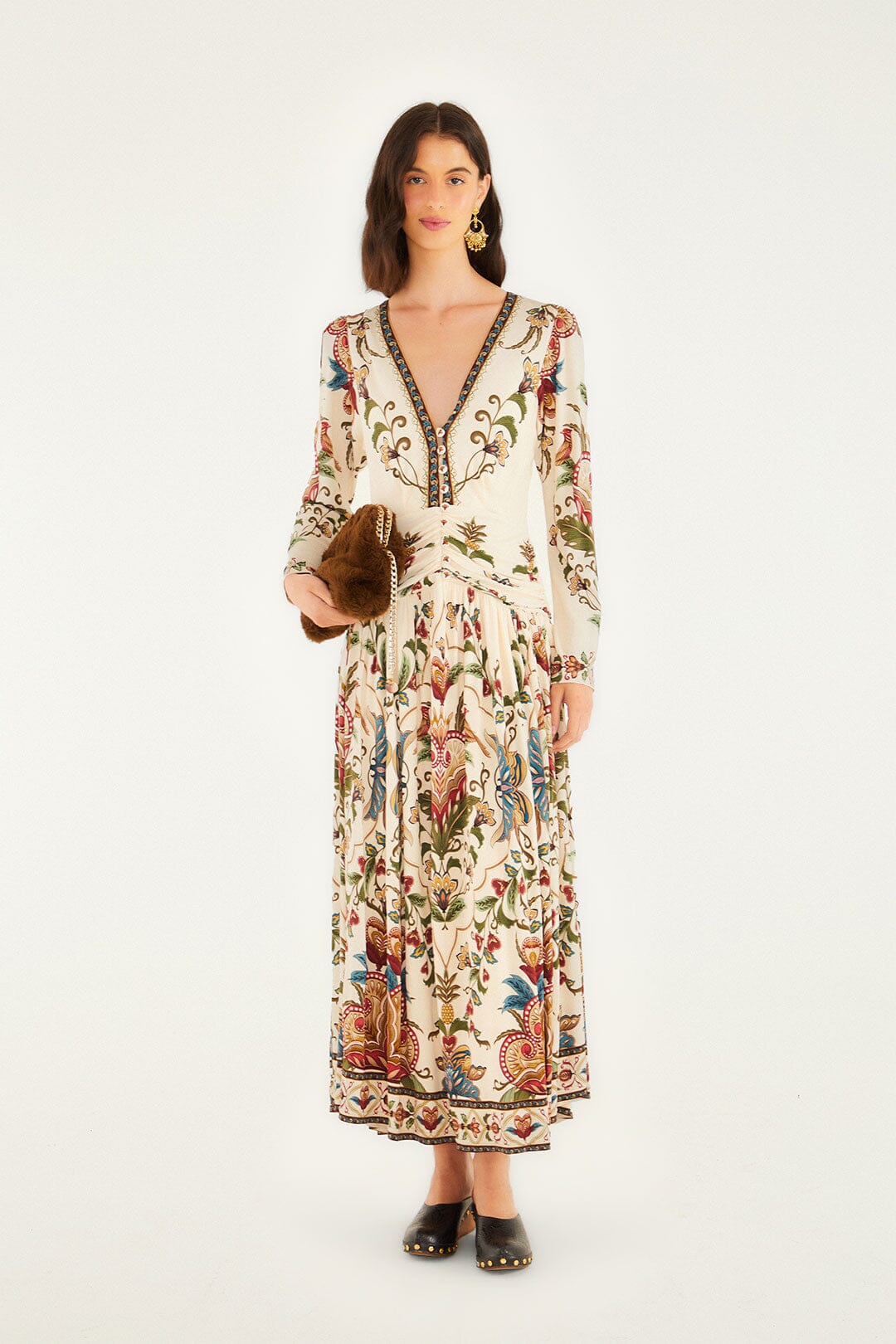 FARM Rio Cream Majestic Hearts Long Sleeve Midi Dress | FARM Rio