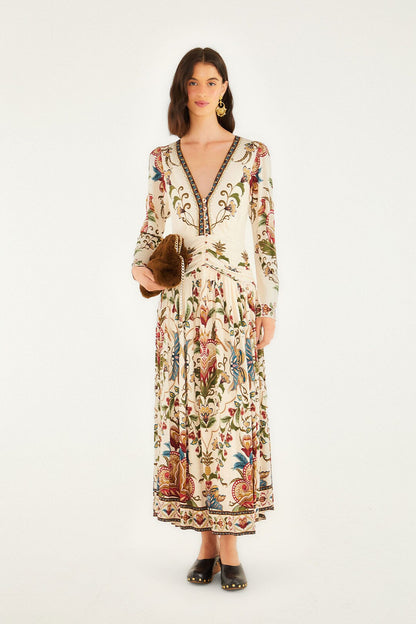 FARM Rio Cream Majestic Hearts Long Sleeve Midi Dress | FARM Rio