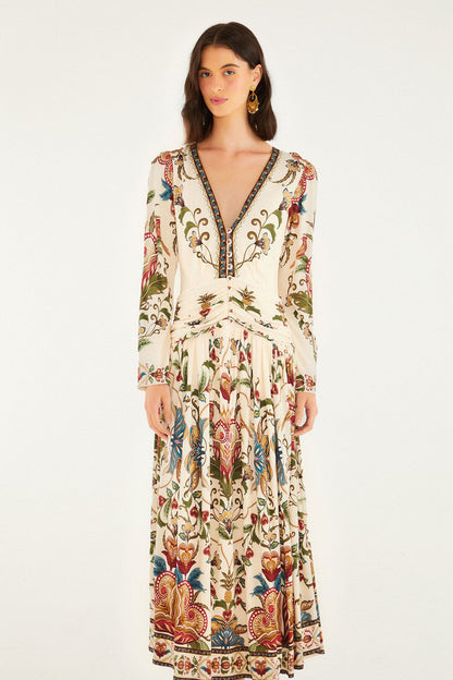 FARM Rio Cream Majestic Hearts Long Sleeve Midi Dress | FARM Rio