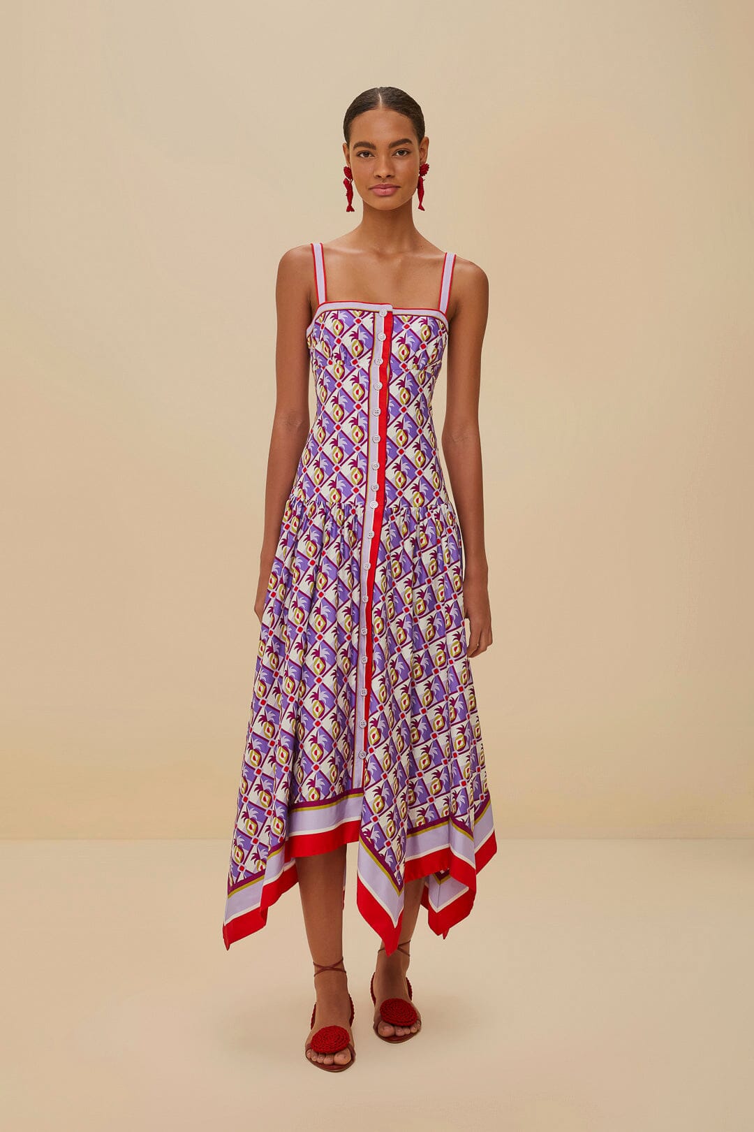 FARM Rio Multicolor Graphic Pineapple Scarf Organic Cotton Midi Dress