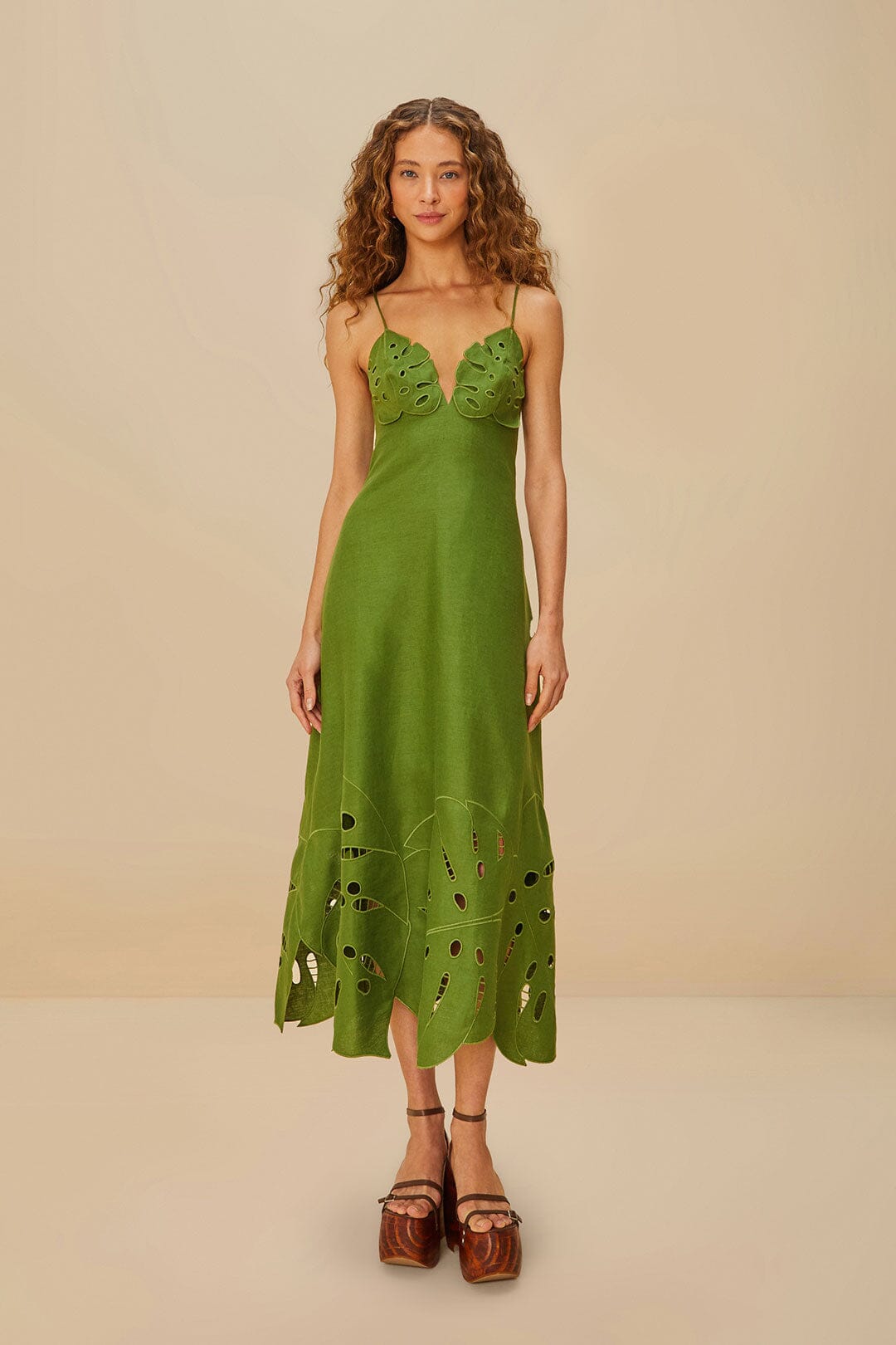 FARM Rio Green Monstera Embroidered Euroflax™ Premium Linen Midi Dress