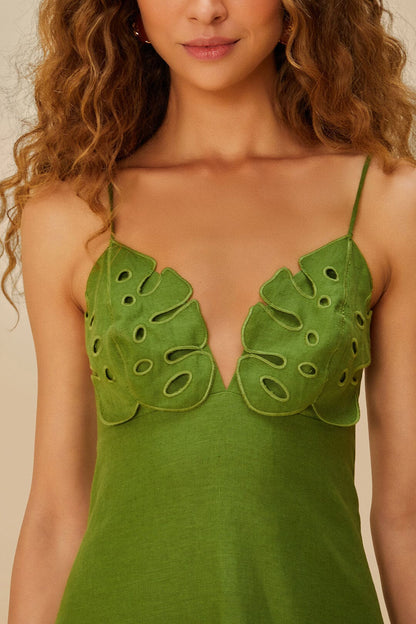 FARM Rio Green Monstera Embroidered Euroflax™ Premium Linen Midi Dress