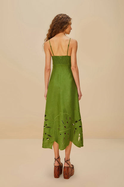 FARM Rio Green Monstera Embroidered Euroflax™ Premium Linen Midi Dress