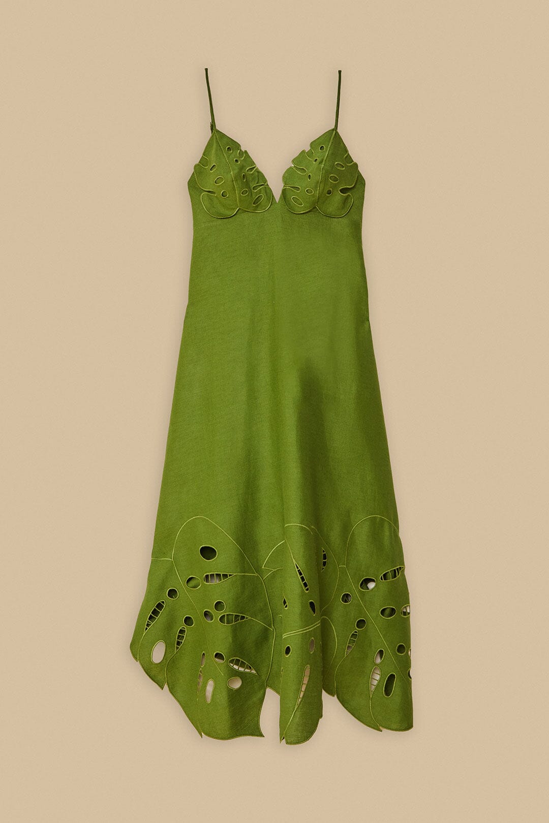 FARM Rio Green Monstera Embroidered Euroflax™ Premium Linen Midi Dress