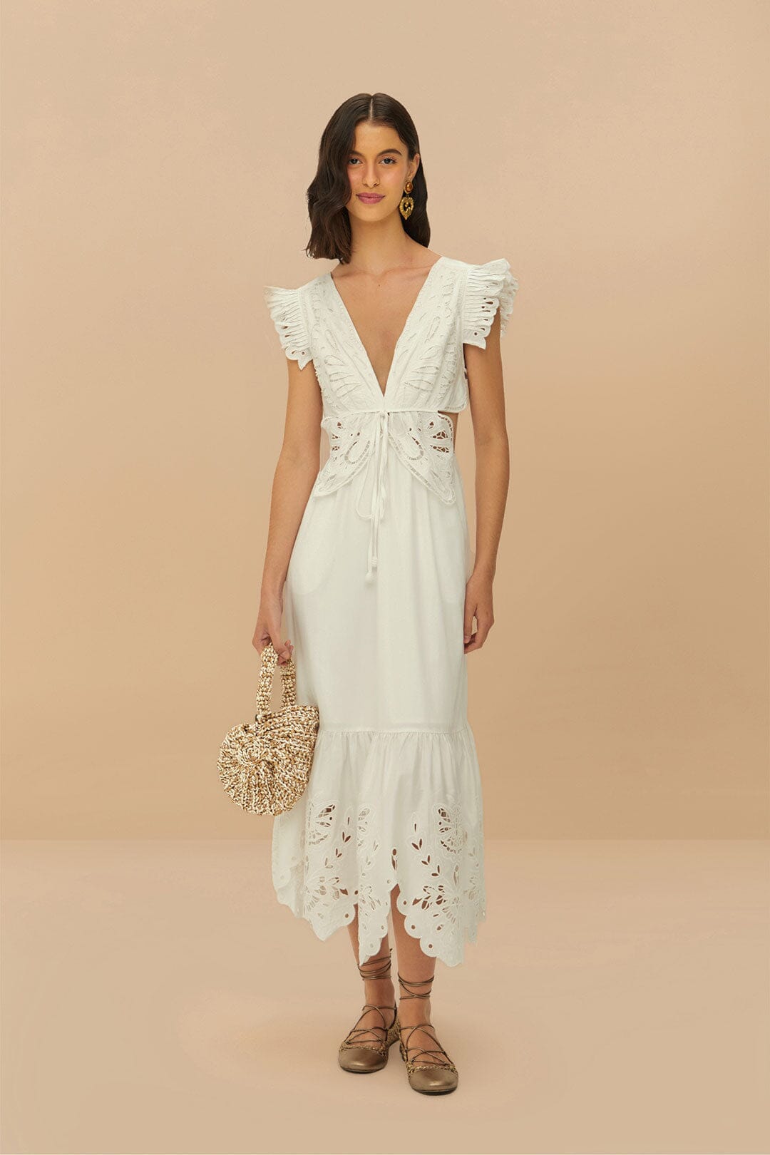 FARM Rio Off-White Butterfly Richelieu Midi Dress