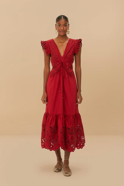 FARM Rio Red Butterfly Cut-Out Midi Dress