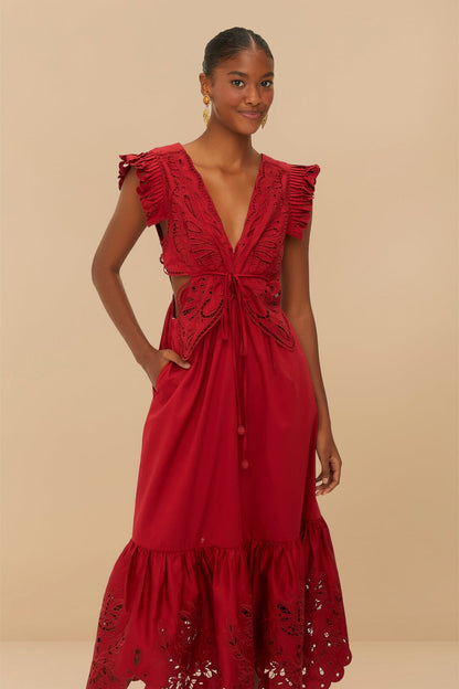 FARM Rio Red Butterfly Cut-Out Midi Dress