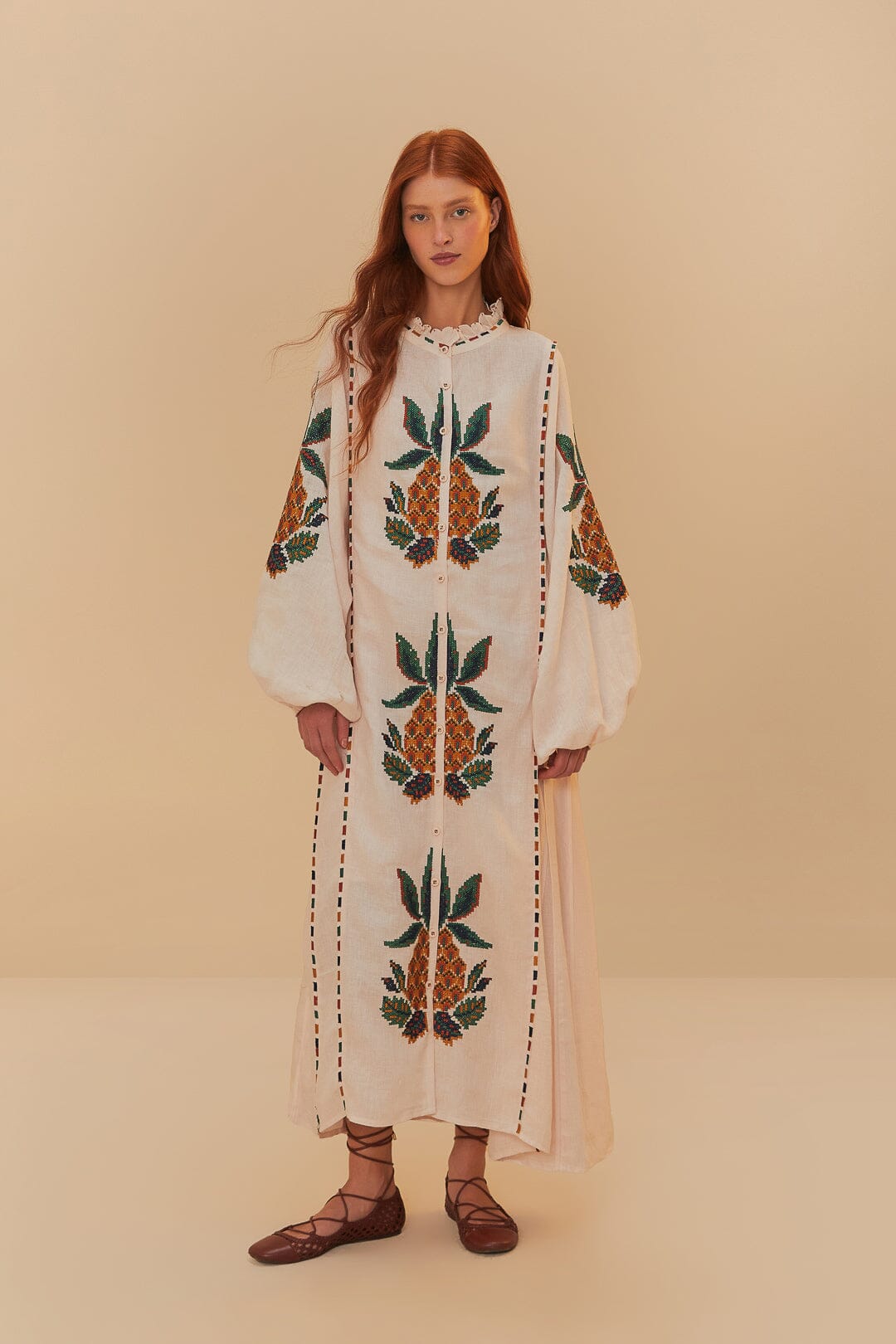 FARM Rio Light Pink Cross Stitch Pineapple Embroidered Midi Dress