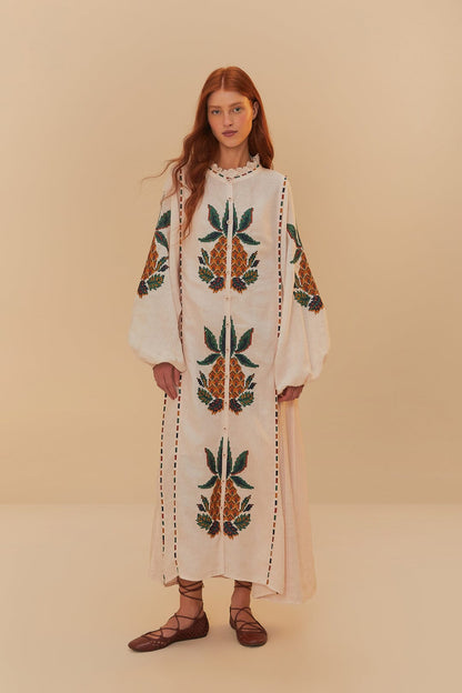 FARM Rio Light Pink Cross Stitch Pineapple Embroidered Midi Dress