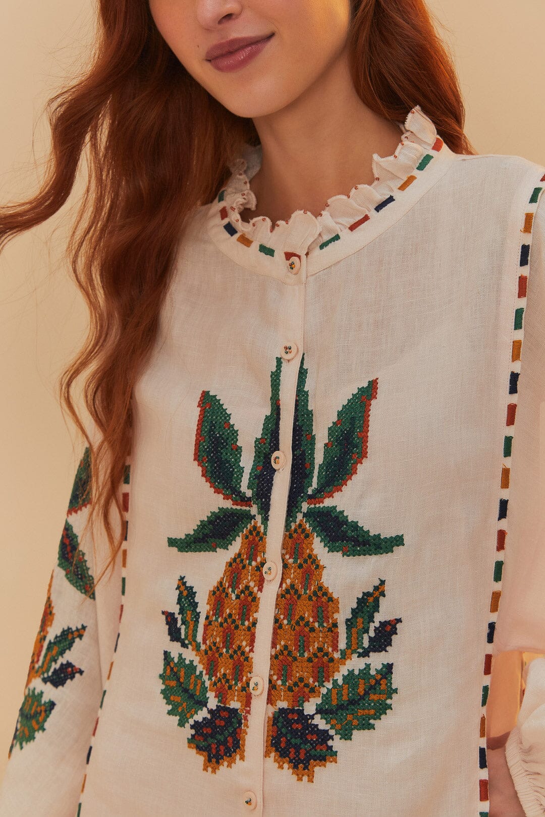 FARM Rio Light Pink Cross Stitch Pineapple Embroidered Midi Dress