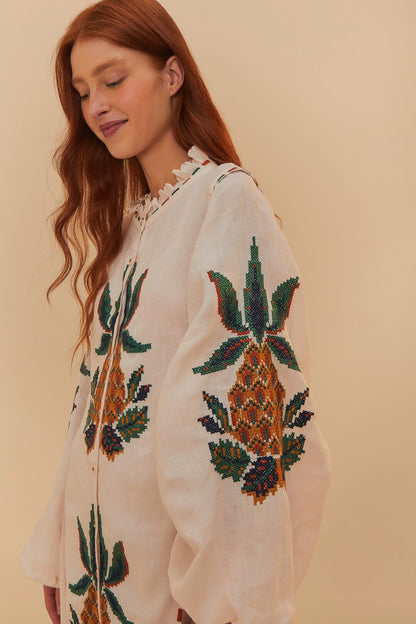 FARM Rio Light Pink Cross Stitch Pineapple Embroidered Midi Dress