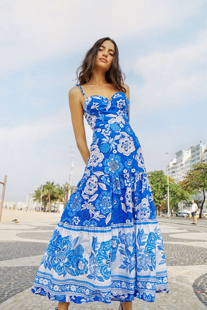FARM Rio Blue Full Of Flowers Organic Cotton Midi Dress