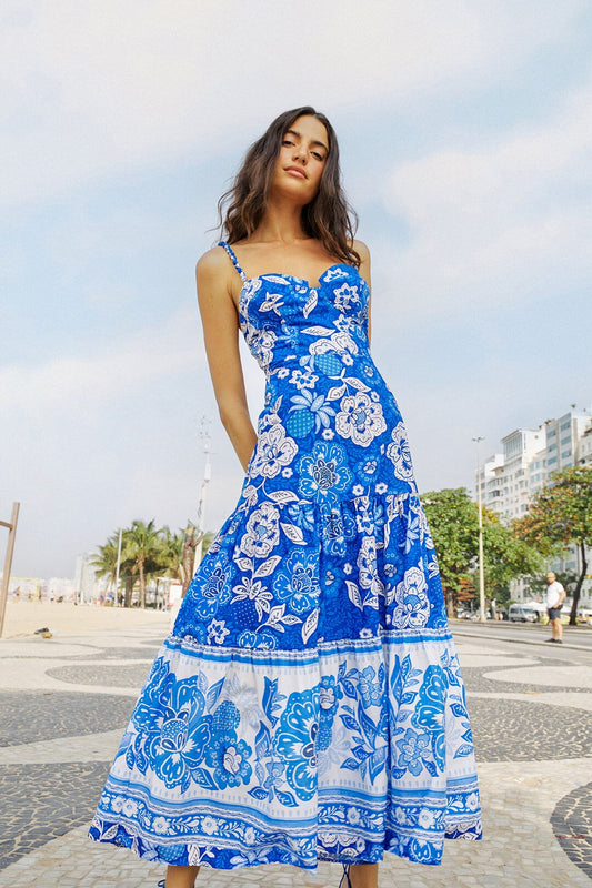 FARM Rio Blue Full Of Flowers Organic Cotton Midi Dress