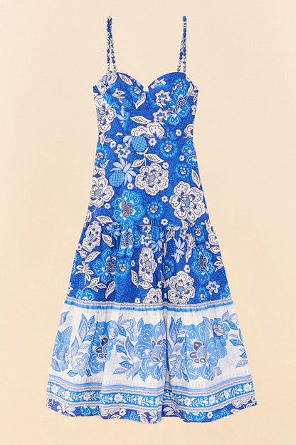 FARM Rio Blue Full Of Flowers Organic Cotton Midi Dress